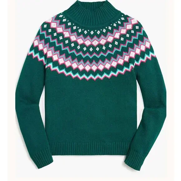 J. Crew Fair Isle Turtle Neck Sweater Green Berry Size Small - Picture 2 of 10